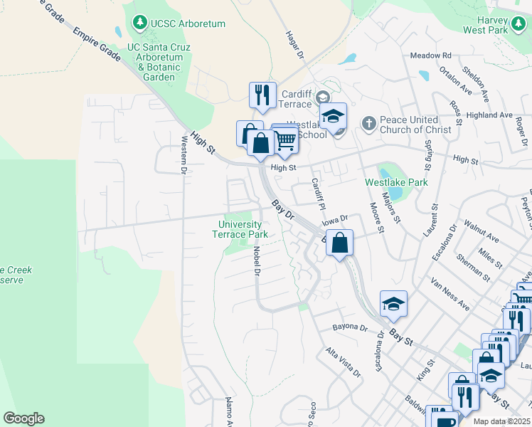 map of restaurants, bars, coffee shops, grocery stores, and more near 289 Meder Street in Santa Cruz