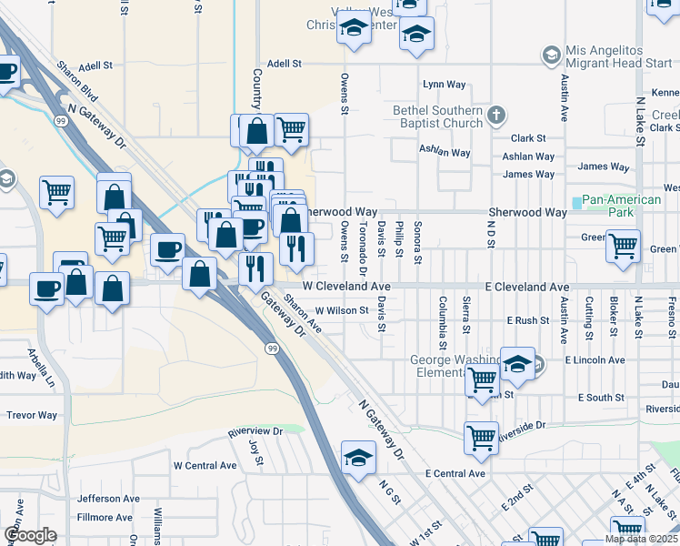 map of restaurants, bars, coffee shops, grocery stores, and more near 1108 Owens Street in Madera