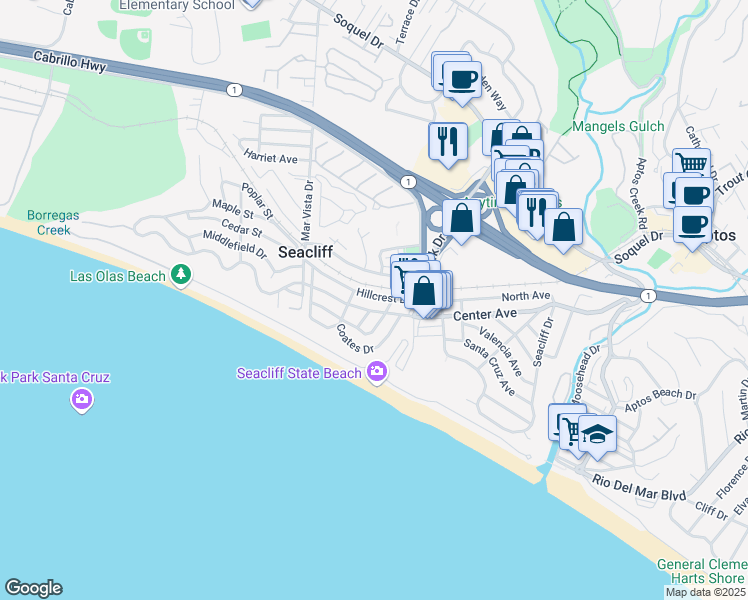 map of restaurants, bars, coffee shops, grocery stores, and more near 327 Hillcrest Drive in Aptos