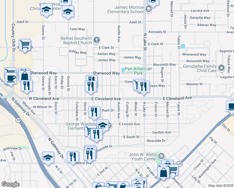 map of restaurants, bars, coffee shops, grocery stores, and more near 1110 Austin Street in Madera