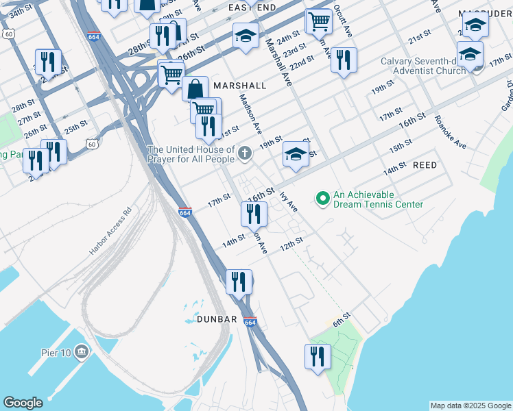 map of restaurants, bars, coffee shops, grocery stores, and more near 614 Ridley Circle in Newport News