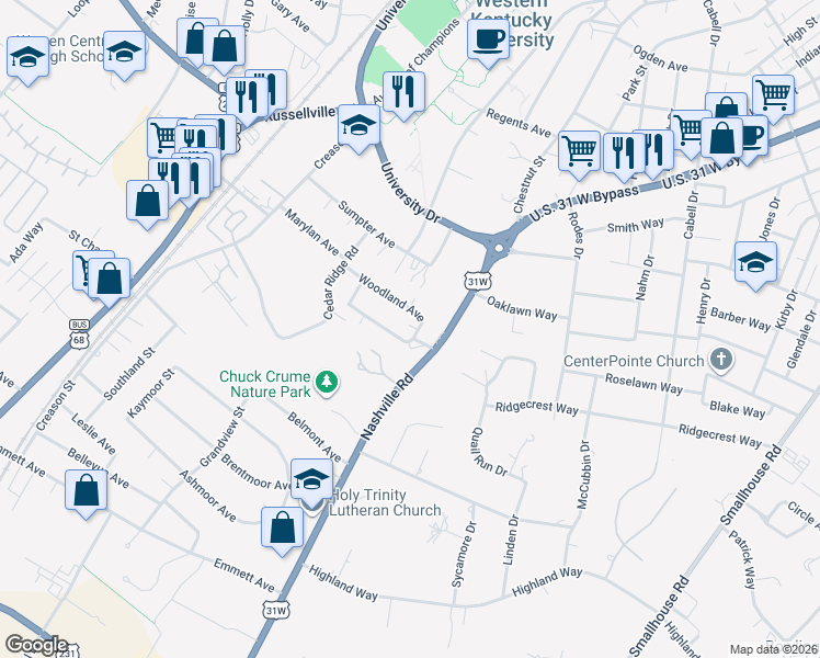 map of restaurants, bars, coffee shops, grocery stores, and more near 1953 Woodland Avenue in Bowling Green