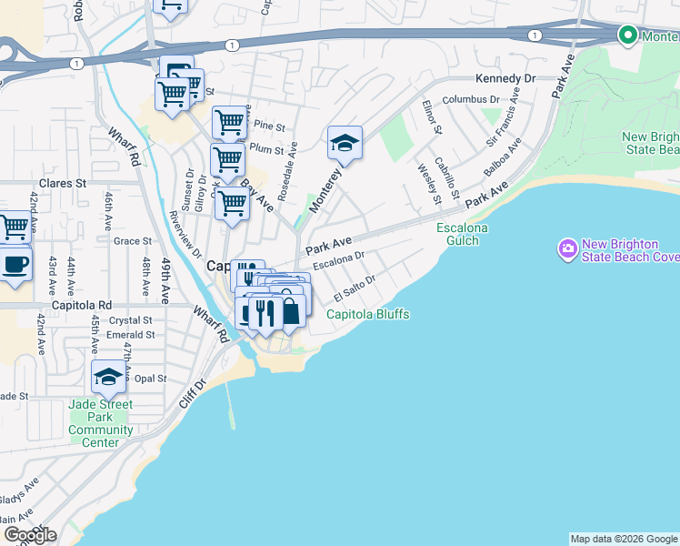 map of restaurants, bars, coffee shops, grocery stores, and more near 217 Oakland Avenue in Capitola