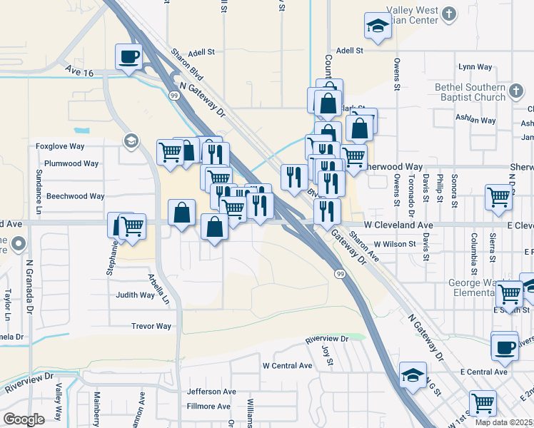 map of restaurants, bars, coffee shops, grocery stores, and more near 1725 West Cleveland Avenue in Madera