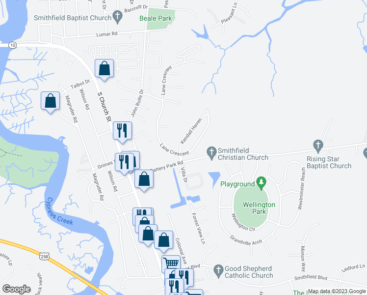 map of restaurants, bars, coffee shops, grocery stores, and more near 405 Kendall Haven in Smithfield