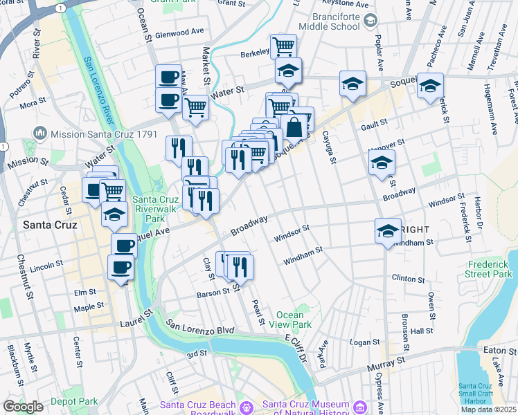 map of restaurants, bars, coffee shops, grocery stores, and more near 516 Ocean View Avenue in Santa Cruz