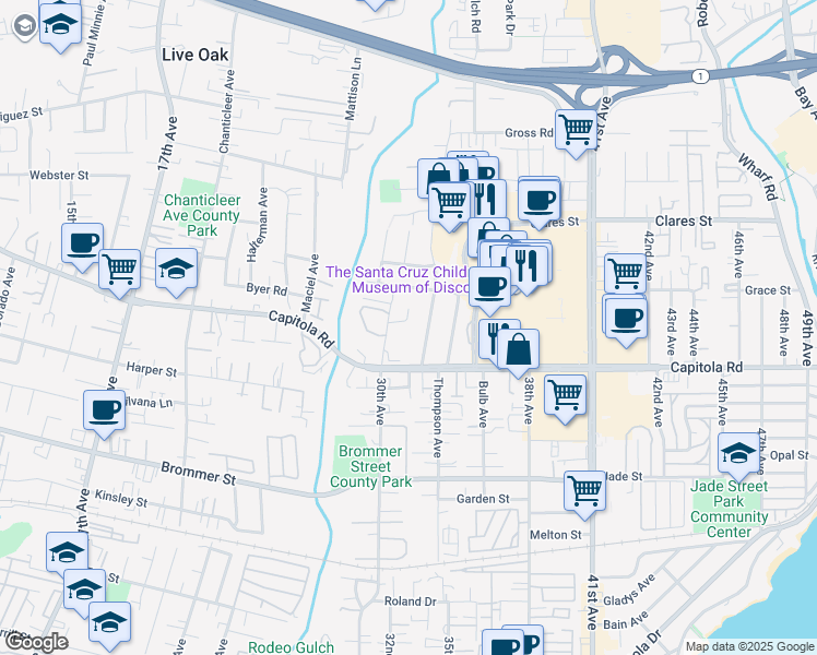 map of restaurants, bars, coffee shops, grocery stores, and more near 3310 Samuel Place in Santa Cruz