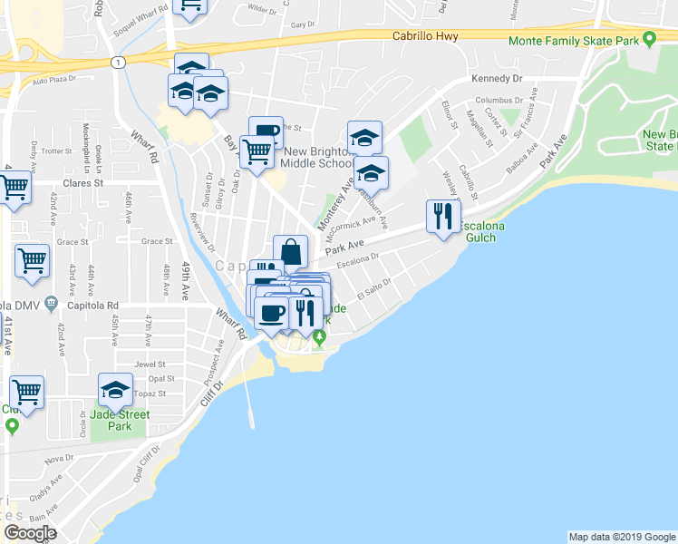 map of restaurants, bars, coffee shops, grocery stores, and more near 307 Escalona Drive in Capitola