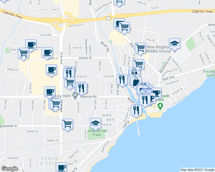 map of restaurants, bars, coffee shops, grocery stores, and more near 1783 48th Avenue in Capitola
