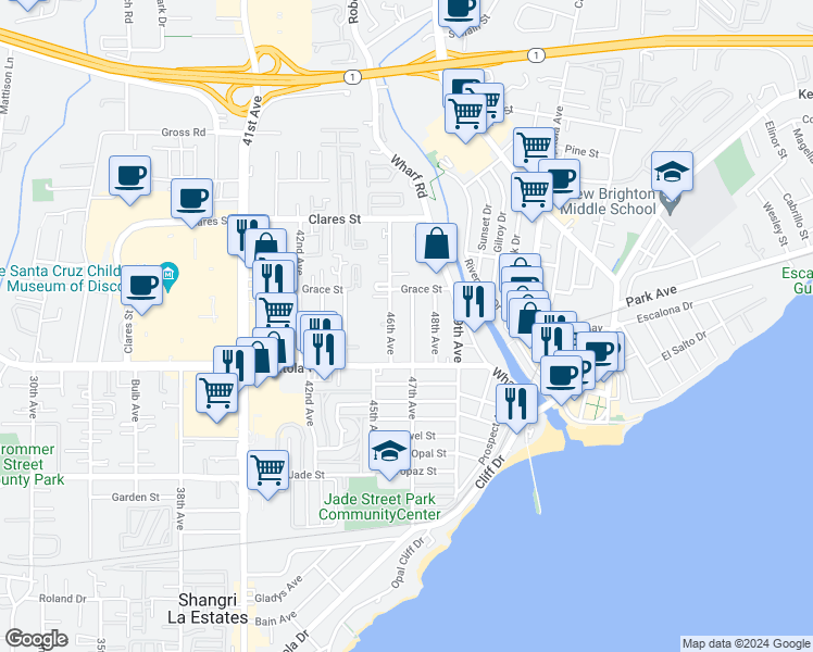 map of restaurants, bars, coffee shops, grocery stores, and more near 1780 46th Avenue in Capitola