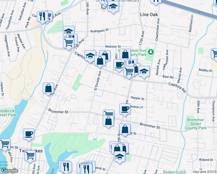 map of restaurants, bars, coffee shops, grocery stores, and more near 1525 Leila Court in Santa Cruz