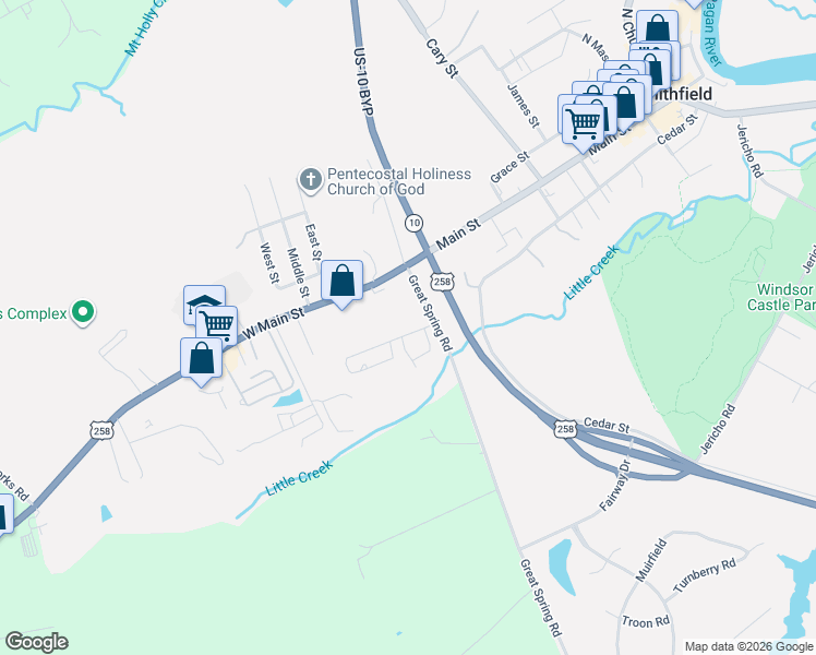 map of restaurants, bars, coffee shops, grocery stores, and more near 608 Quail Street in Smithfield