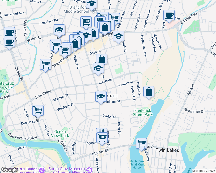 map of restaurants, bars, coffee shops, grocery stores, and more near 708 Sumner Street in Santa Cruz