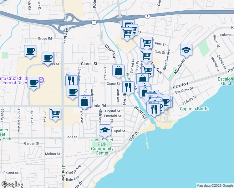 map of restaurants, bars, coffee shops, grocery stores, and more near 1783 48th Avenue in Capitola
