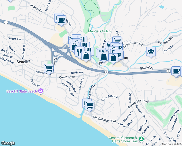 map of restaurants, bars, coffee shops, grocery stores, and more near 46 Seacliff Drive in Aptos