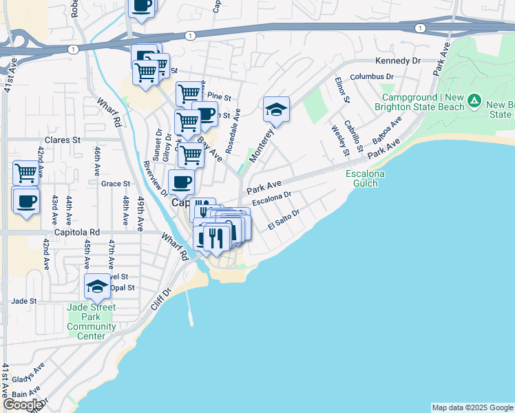 map of restaurants, bars, coffee shops, grocery stores, and more near 209 Escalona Drive in Capitola