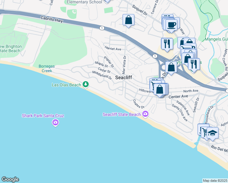 map of restaurants, bars, coffee shops, grocery stores, and more near 105 Long Leaf Lane in Aptos