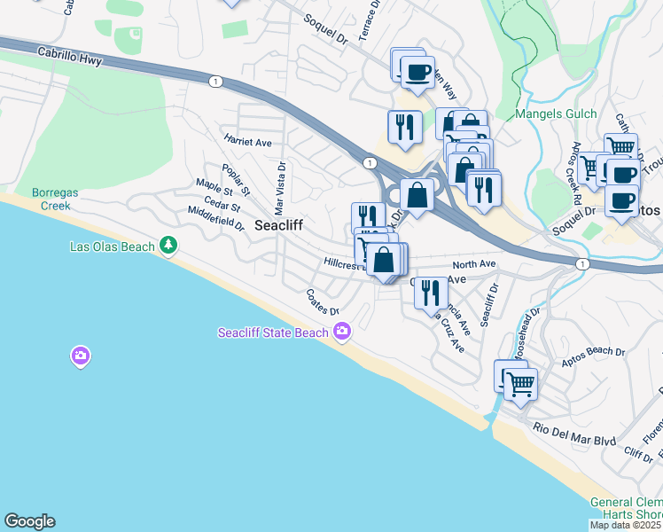 map of restaurants, bars, coffee shops, grocery stores, and more near 335 Hillcrest Drive in Aptos