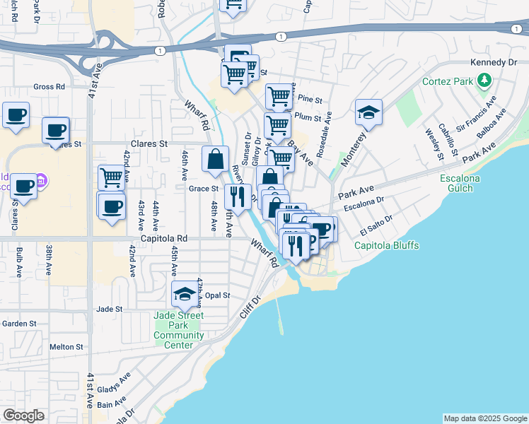 map of restaurants, bars, coffee shops, grocery stores, and more near 495 Riverview Drive in Capitola