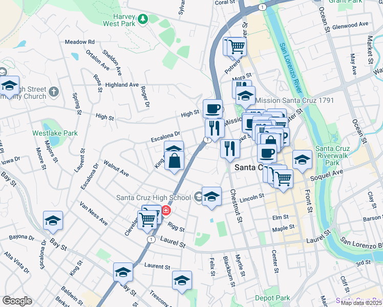 map of restaurants, bars, coffee shops, grocery stores, and more near 526 Mission Street in Santa Cruz