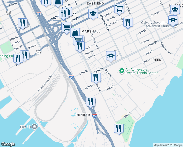 map of restaurants, bars, coffee shops, grocery stores, and more near 1611 Jefferson Avenue in Newport News