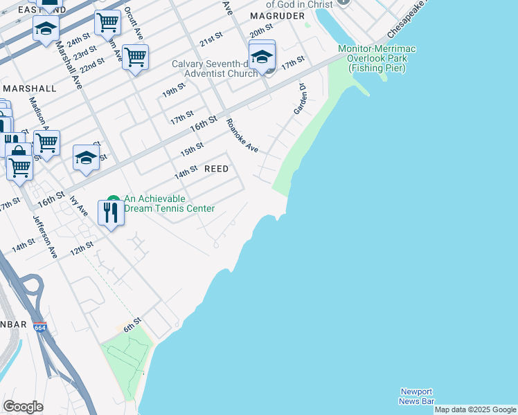 map of restaurants, bars, coffee shops, grocery stores, and more near 946 Shore Drive in Newport News