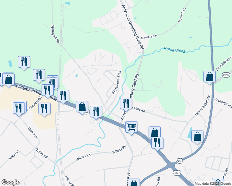 map of restaurants, bars, coffee shops, grocery stores, and more near 220 Palomino Trail in Corbin