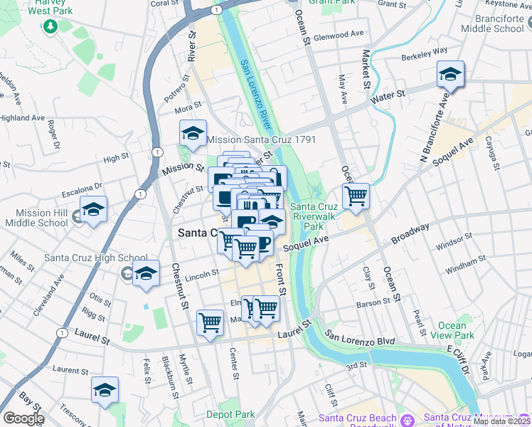 map of restaurants, bars, coffee shops, grocery stores, and more near 720 Front St in Santa Cruz