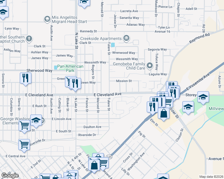 map of restaurants, bars, coffee shops, grocery stores, and more near 1205 East Cleveland Avenue in Madera