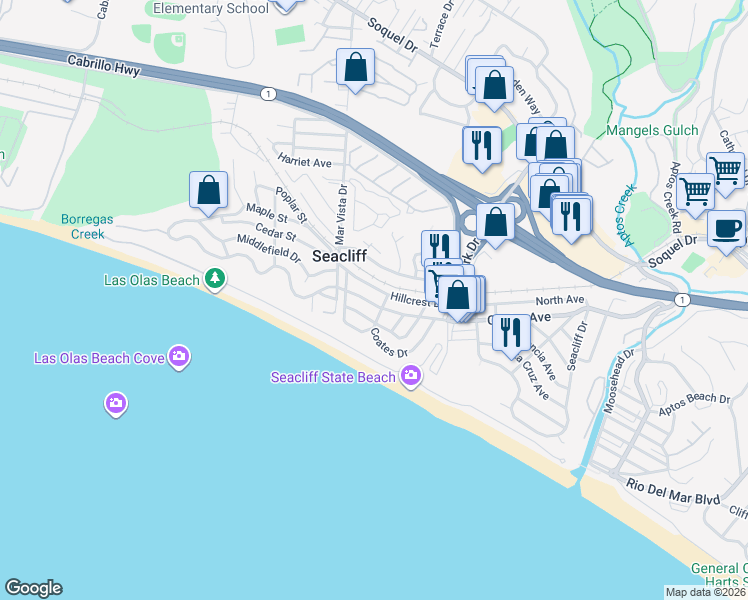 map of restaurants, bars, coffee shops, grocery stores, and more near 406 Seacliff Drive West in Aptos