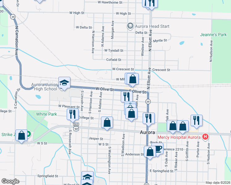 map of restaurants, bars, coffee shops, grocery stores, and more near 1-99 South Washington Avenue in Aurora