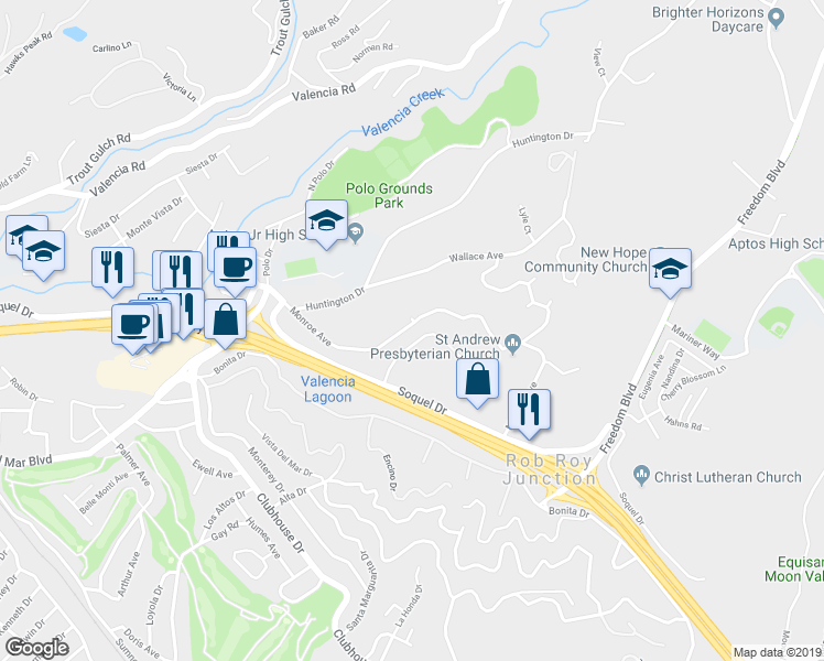 map of restaurants, bars, coffee shops, grocery stores, and more near 9590 Monroe Avenue in Aptos
