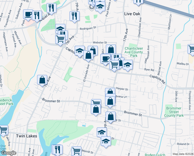 map of restaurants, bars, coffee shops, grocery stores, and more near 1526 Leila Court in Santa Cruz