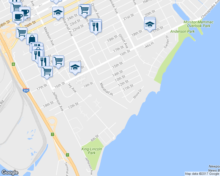 map of restaurants, bars, coffee shops, grocery stores, and more near 835 12th Street in Newport News