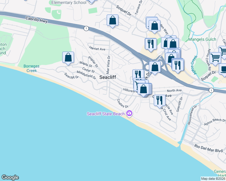 map of restaurants, bars, coffee shops, grocery stores, and more near Seacliff Drive in Aptos