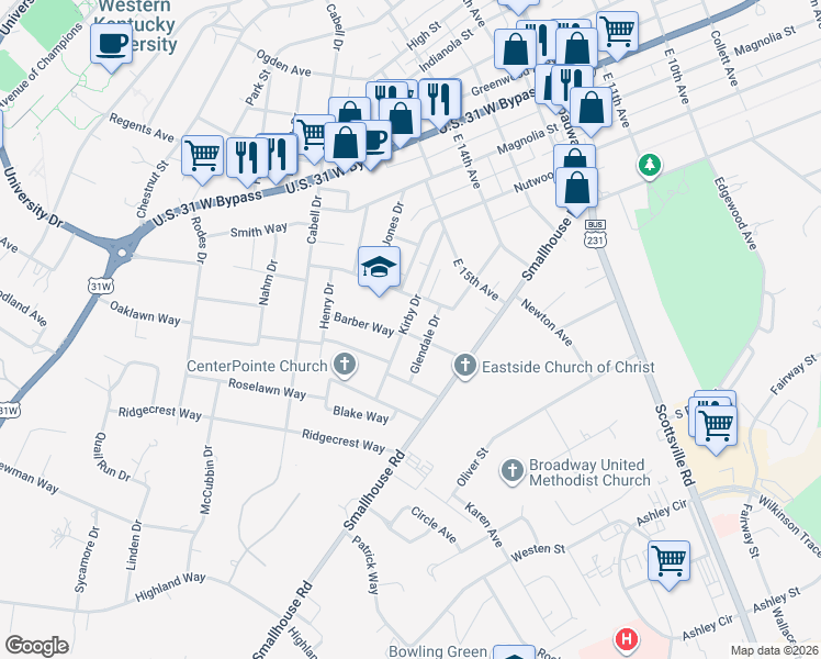map of restaurants, bars, coffee shops, grocery stores, and more near 1612 Kirby Drive in Bowling Green