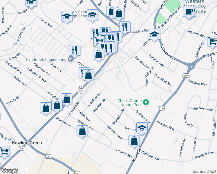 map of restaurants, bars, coffee shops, grocery stores, and more near 342 Gatewood Avenue in Bowling Green