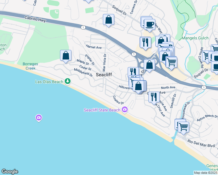 map of restaurants, bars, coffee shops, grocery stores, and more near 417 Seacliff Drive in Aptos
