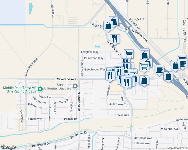 map of restaurants, bars, coffee shops, grocery stores, and more near 2465 Meadowrest Way in Madera