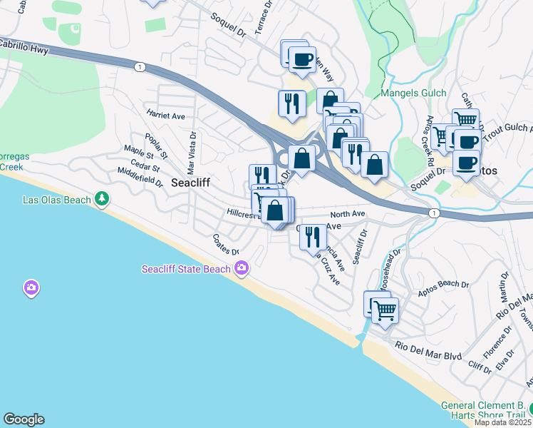 map of restaurants, bars, coffee shops, grocery stores, and more near 308 Hillcrest Drive in Aptos