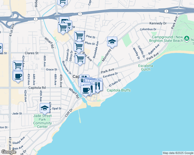map of restaurants, bars, coffee shops, grocery stores, and more near 216 Central Avenue in Capitola