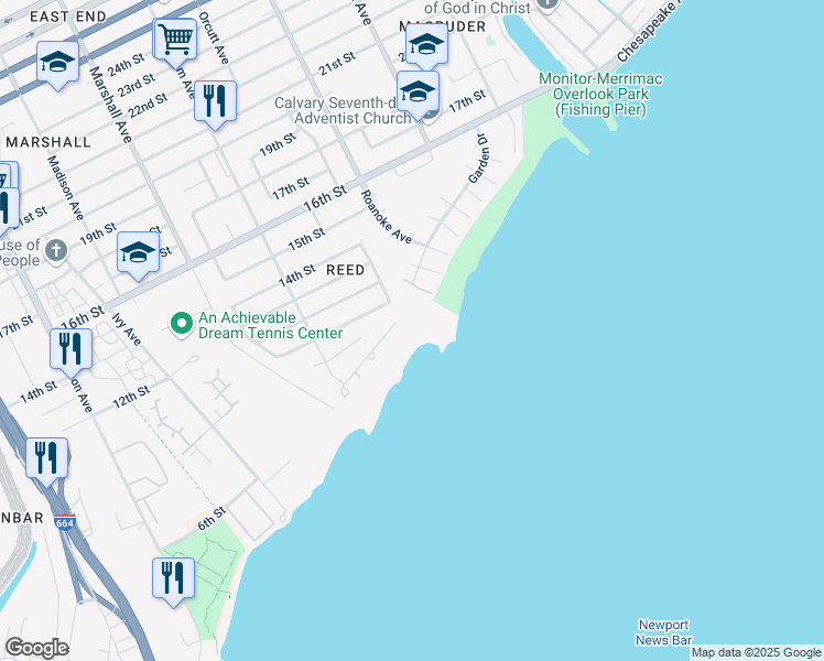 map of restaurants, bars, coffee shops, grocery stores, and more near 946 Shore Drive in Newport News