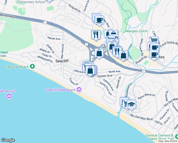 map of restaurants, bars, coffee shops, grocery stores, and more near 300 Hillcrest Drive in Aptos