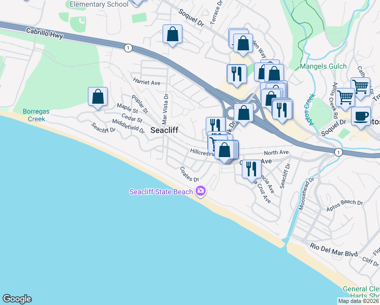 map of restaurants, bars, coffee shops, grocery stores, and more near 250 Beachgate Way in Aptos