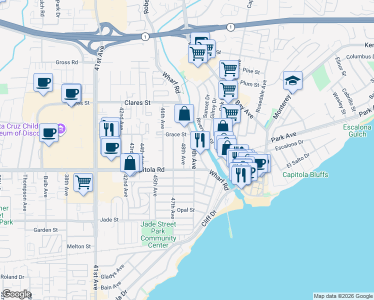 map of restaurants, bars, coffee shops, grocery stores, and more near 1790 48th Avenue in Capitola