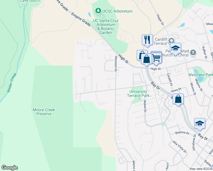 map of restaurants, bars, coffee shops, grocery stores, and more near 514 Meder Street in Santa Cruz