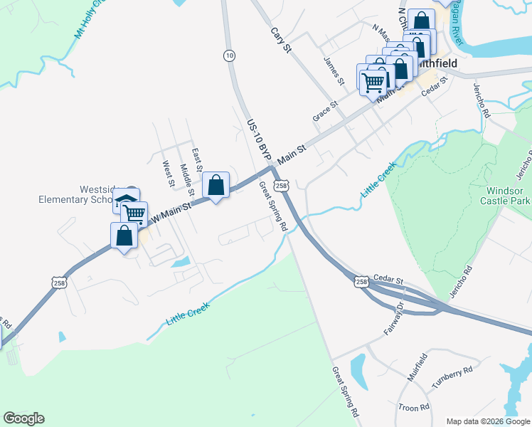 map of restaurants, bars, coffee shops, grocery stores, and more near 608 Quail Street in Smithfield