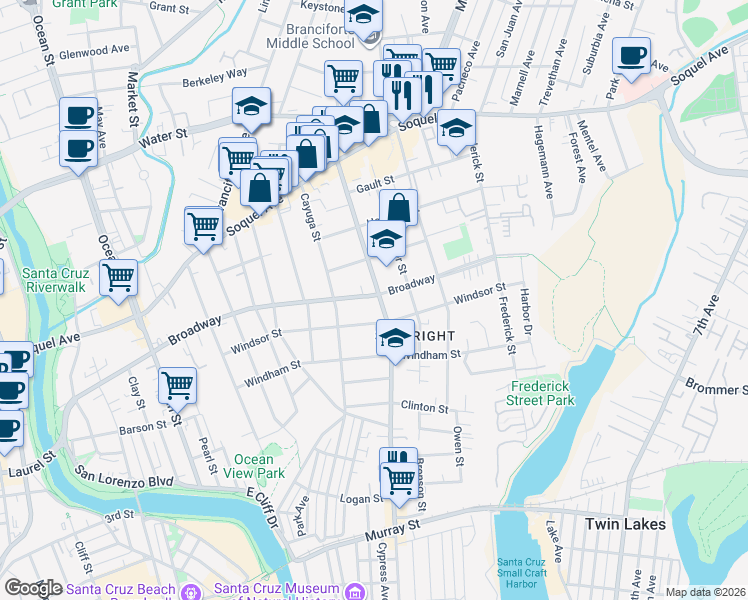 map of restaurants, bars, coffee shops, grocery stores, and more near 1225 Seabright Avenue in Santa Cruz