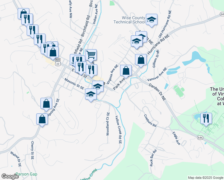 map of restaurants, bars, coffee shops, grocery stores, and more near 701 East Main Street in Wise