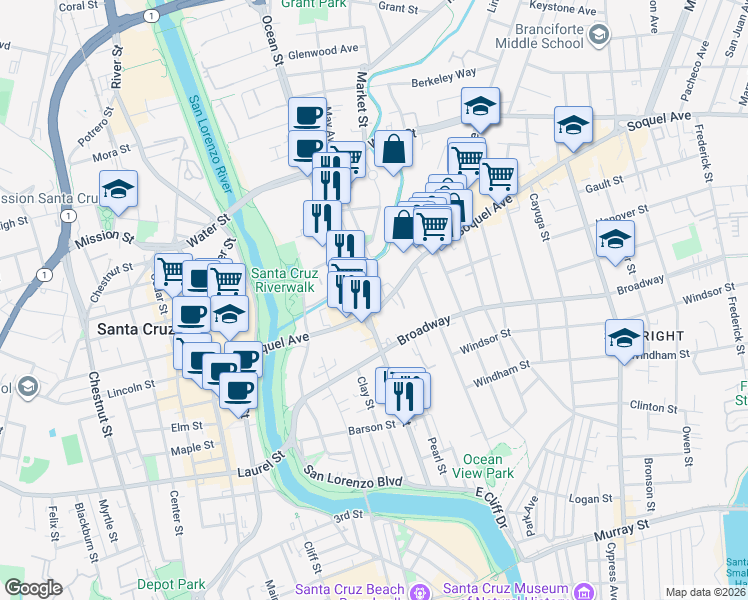 map of restaurants, bars, coffee shops, grocery stores, and more near 500 Ocean Street in Santa Cruz